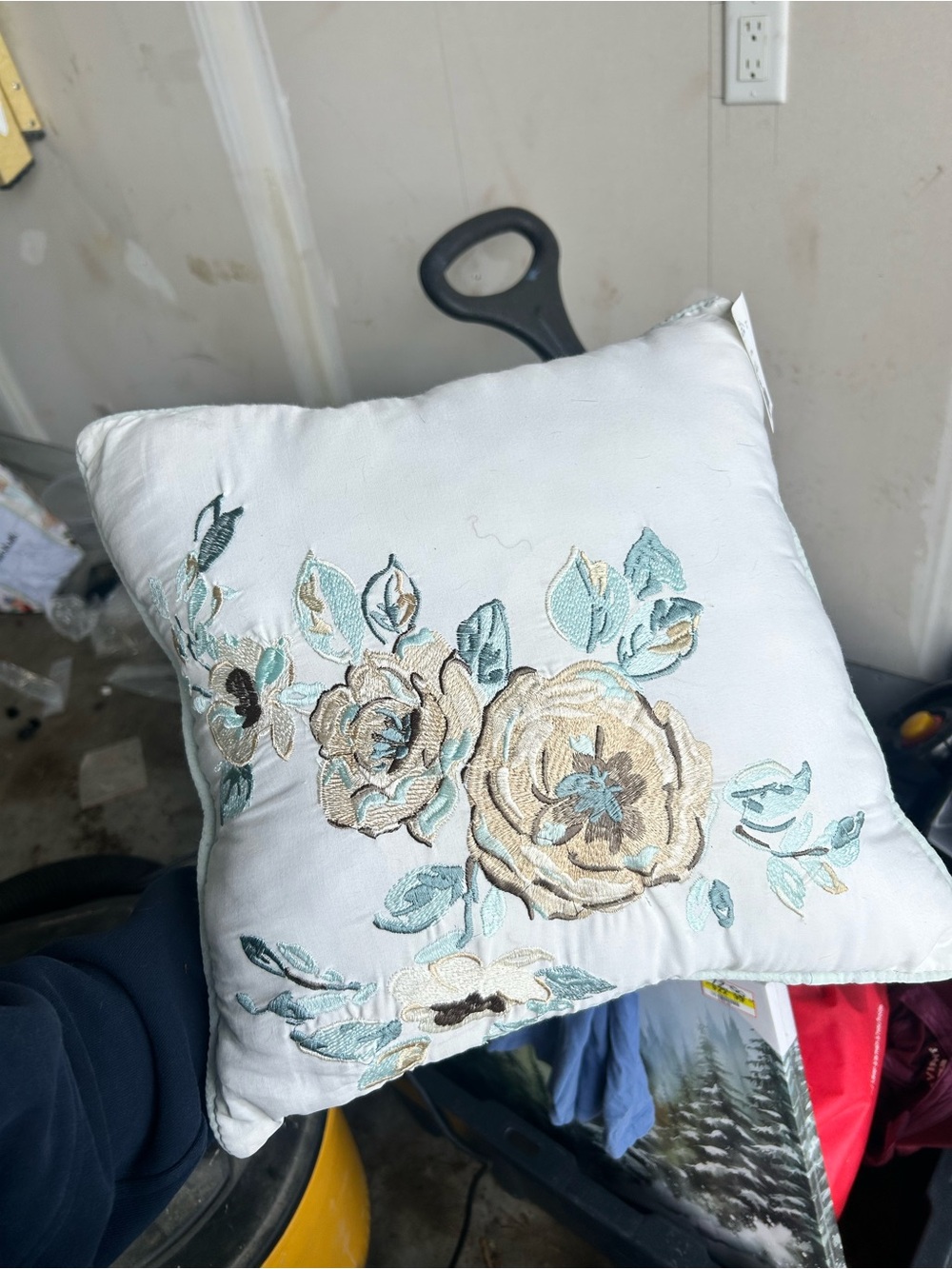 Embroidered Floral Accent Pillow - White with Teal and Tan